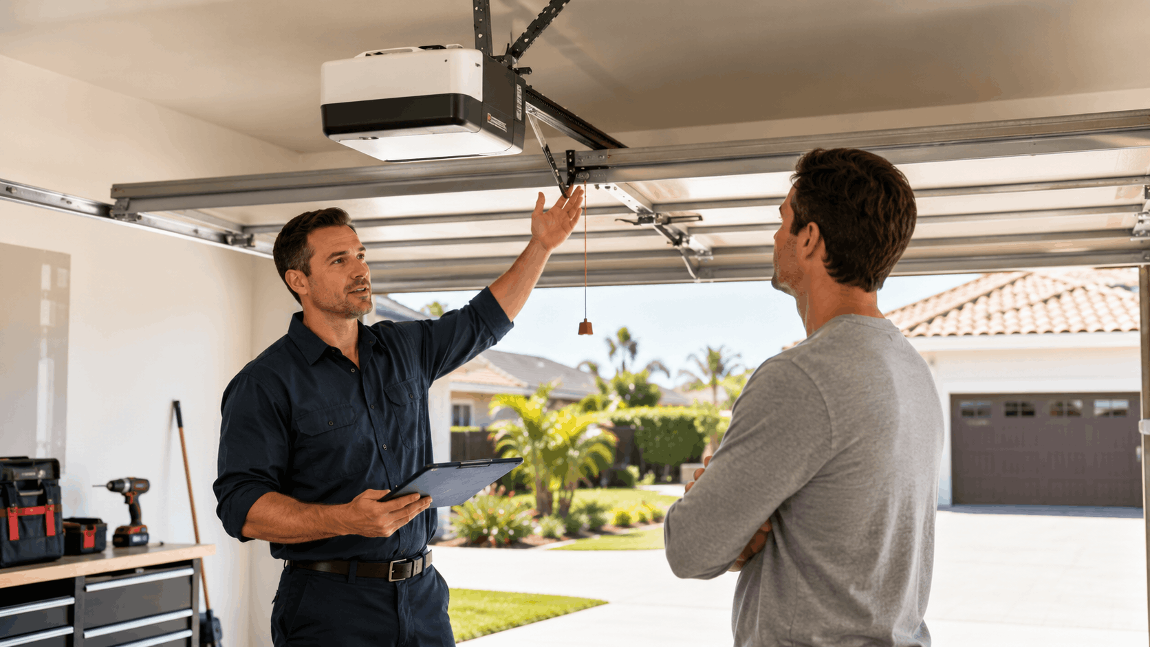 Garage door technician explaining opener mechanism to Irvine homeowner during inspection quote