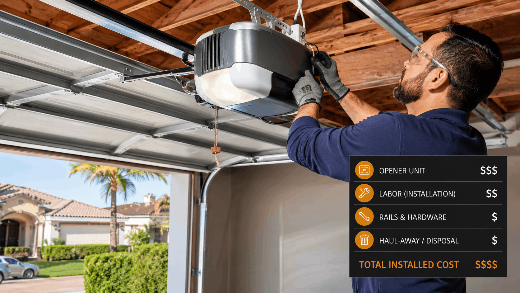 Technician installing garage door opener unit with cost breakdown infographic in Irvine