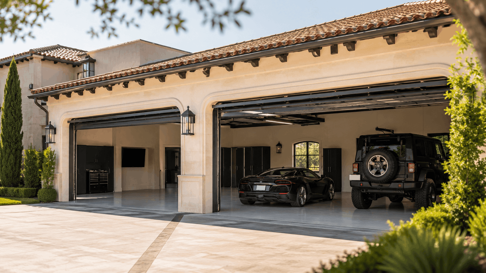 Luxury estate garage with custom black doors open revealing supercar and Jeep