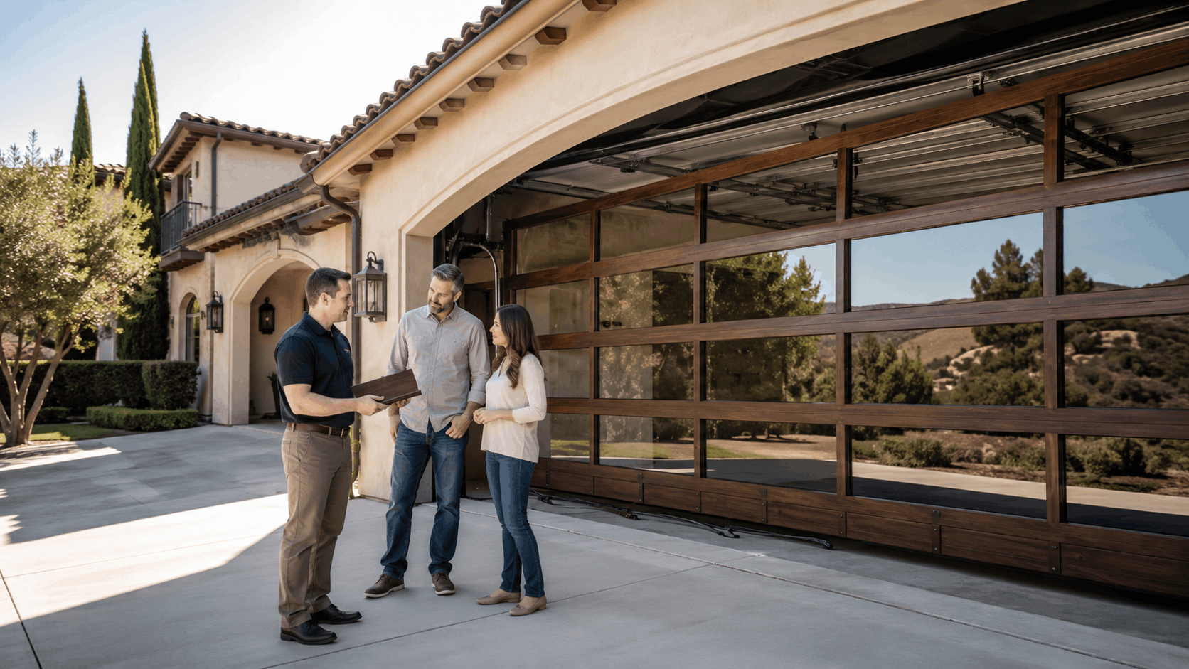 Garage door consultant showing wood and glass door samples to Irvine homeowners