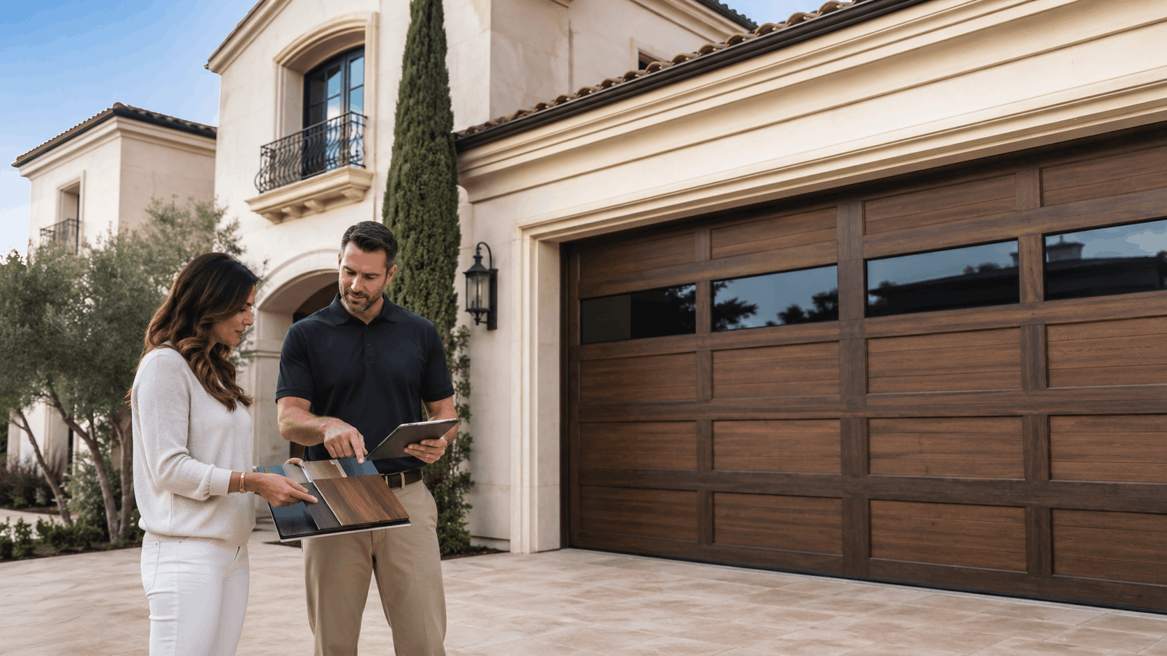 Irvine homeowner consulting garage door specialist outside luxury Mediterranean home