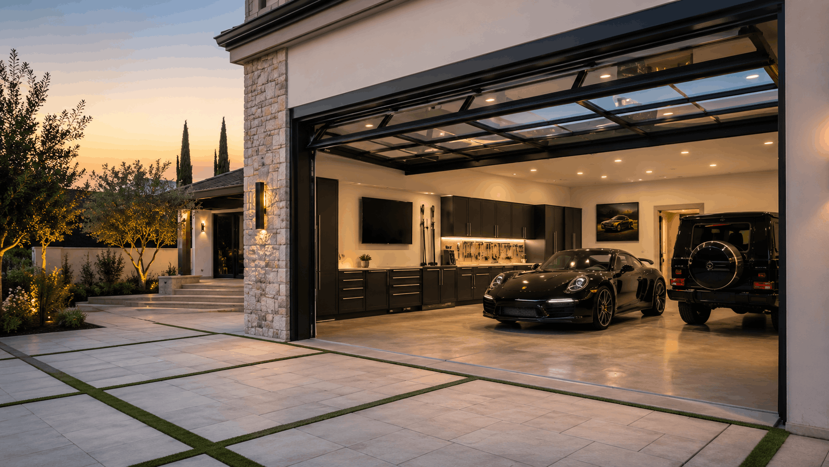 Luxury custom glass panel estate garage door open revealing black Porsche in Irvine home