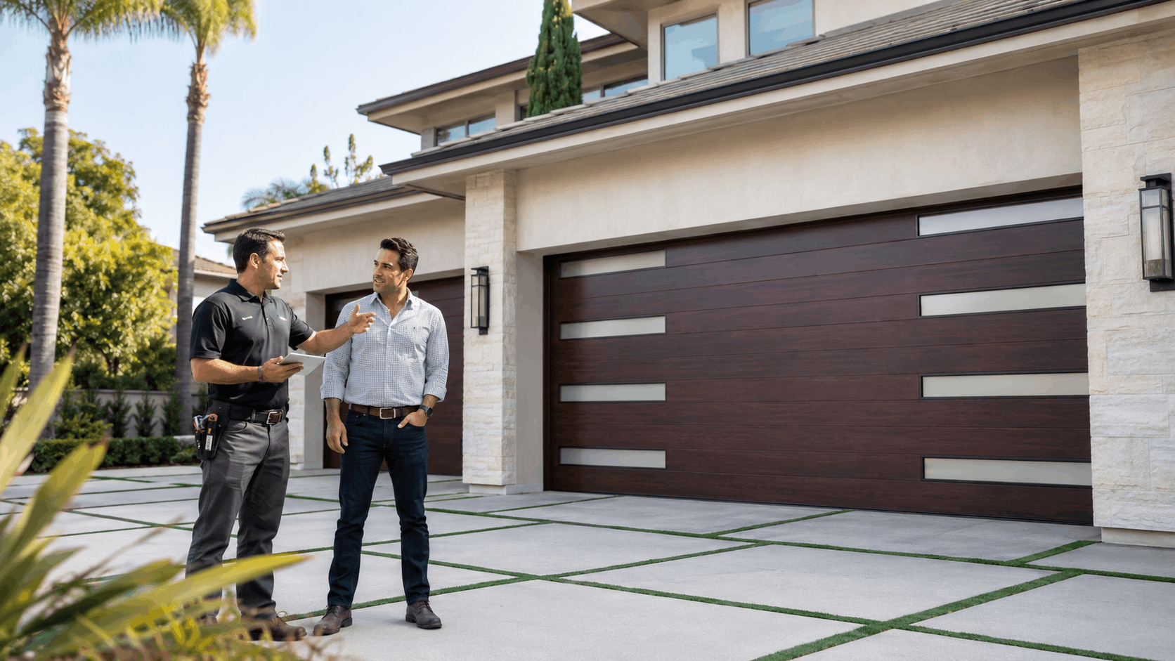 Garage door technician consulting with Irvine homeowner outside modern house with wood panel garage doors