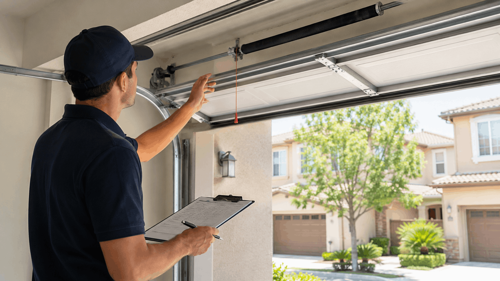 Garage door technician inspecting torsion spring system with clipboard in Irvine neighborhood