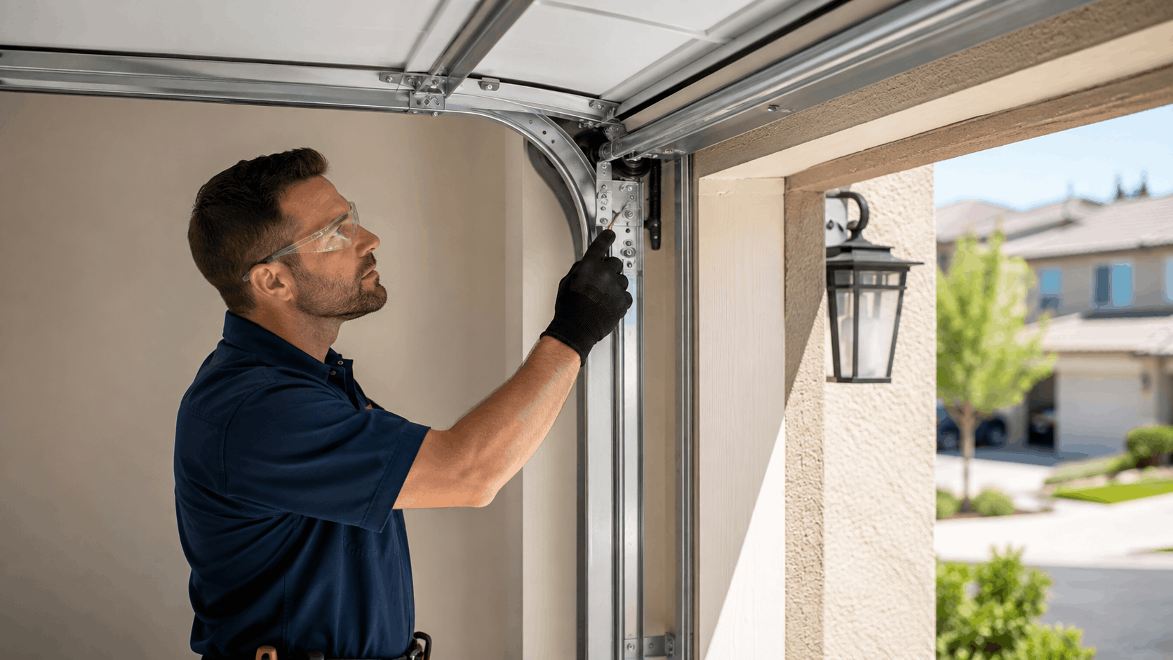 Garage door technician in safety glasses adjusting track hardware on Irvine home