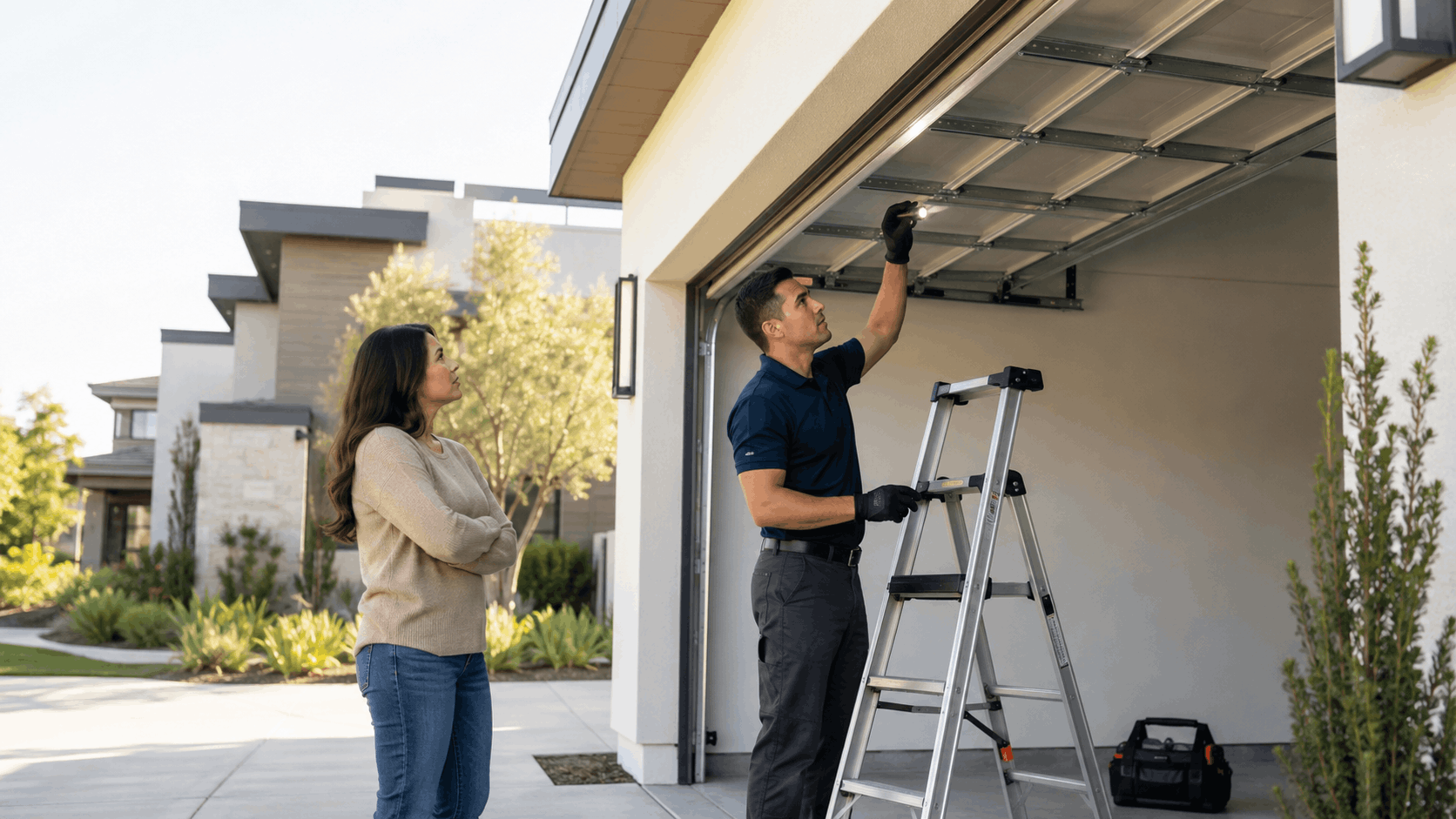 Garage door technician inspecting overhead door mechanism on ladder with homeowner watching