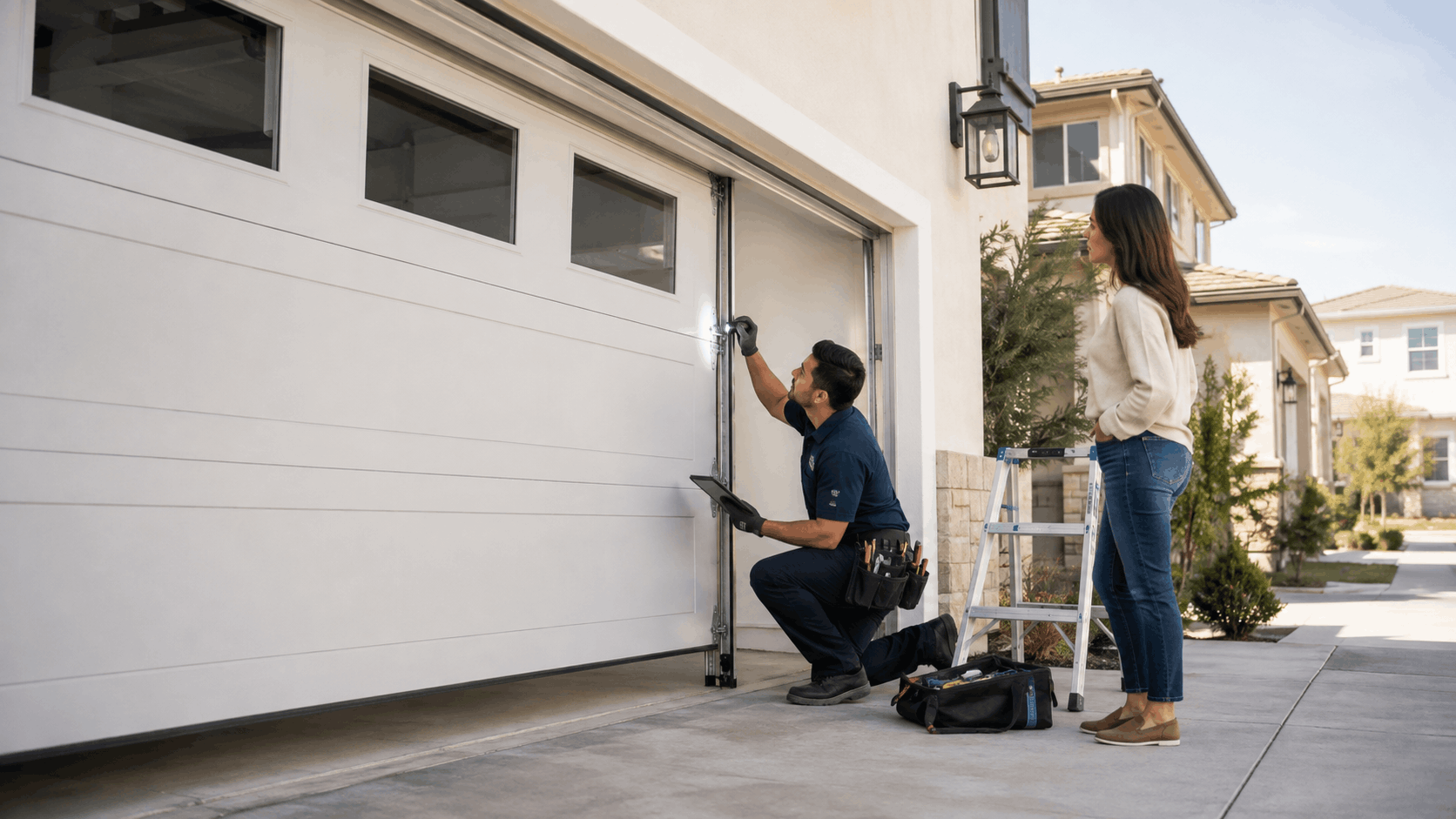 Garage door technician inspecting track while homeowner watches in Irvine driveway
