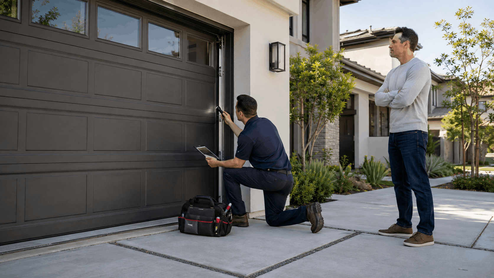 Garage door technician inspecting residential garage door with homeowner watching in Irvine
