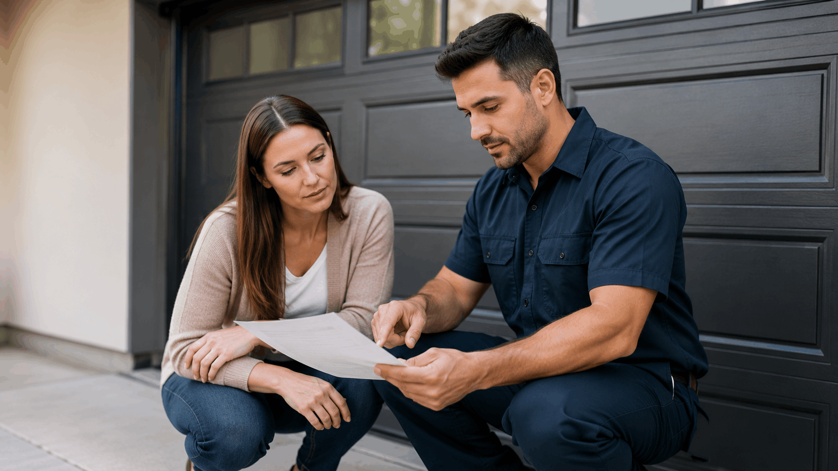 Garage door technician reviewing builder warranty paperwork with Stonegate Irvine homeowner outside