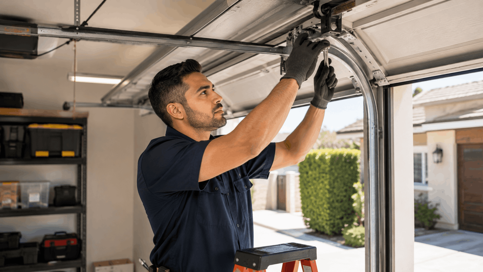 Technician in navy uniform repairing garage door track mechanism on orange ladder