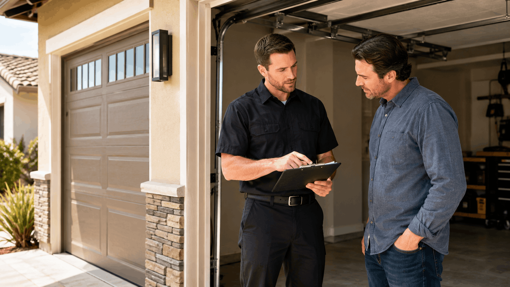 Garage door technician reviewing service clipboard with Stonegate Irvine homeowner at garage entrance