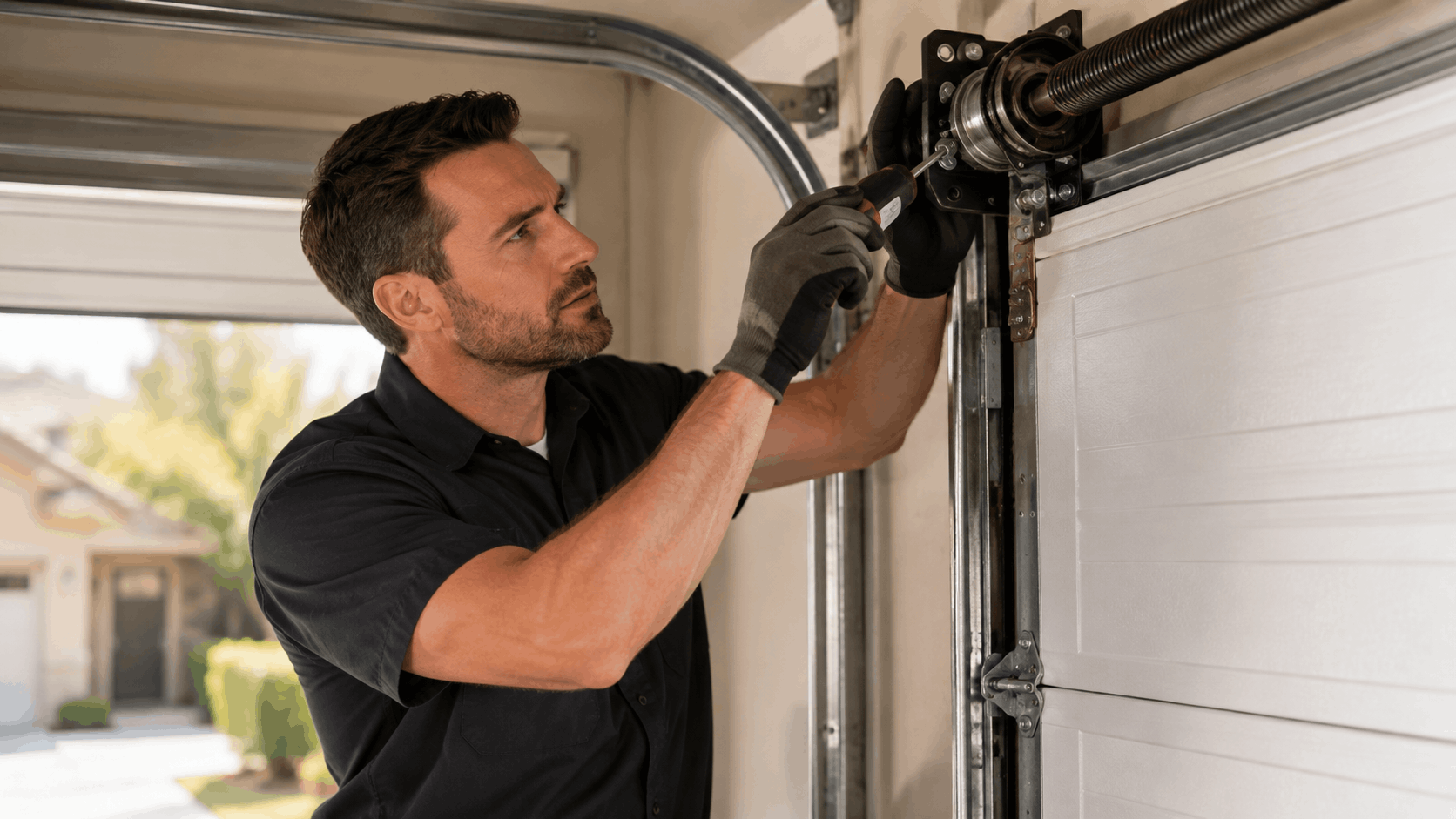 Technician repairing garage door spring mechanism in Irvine residential home
