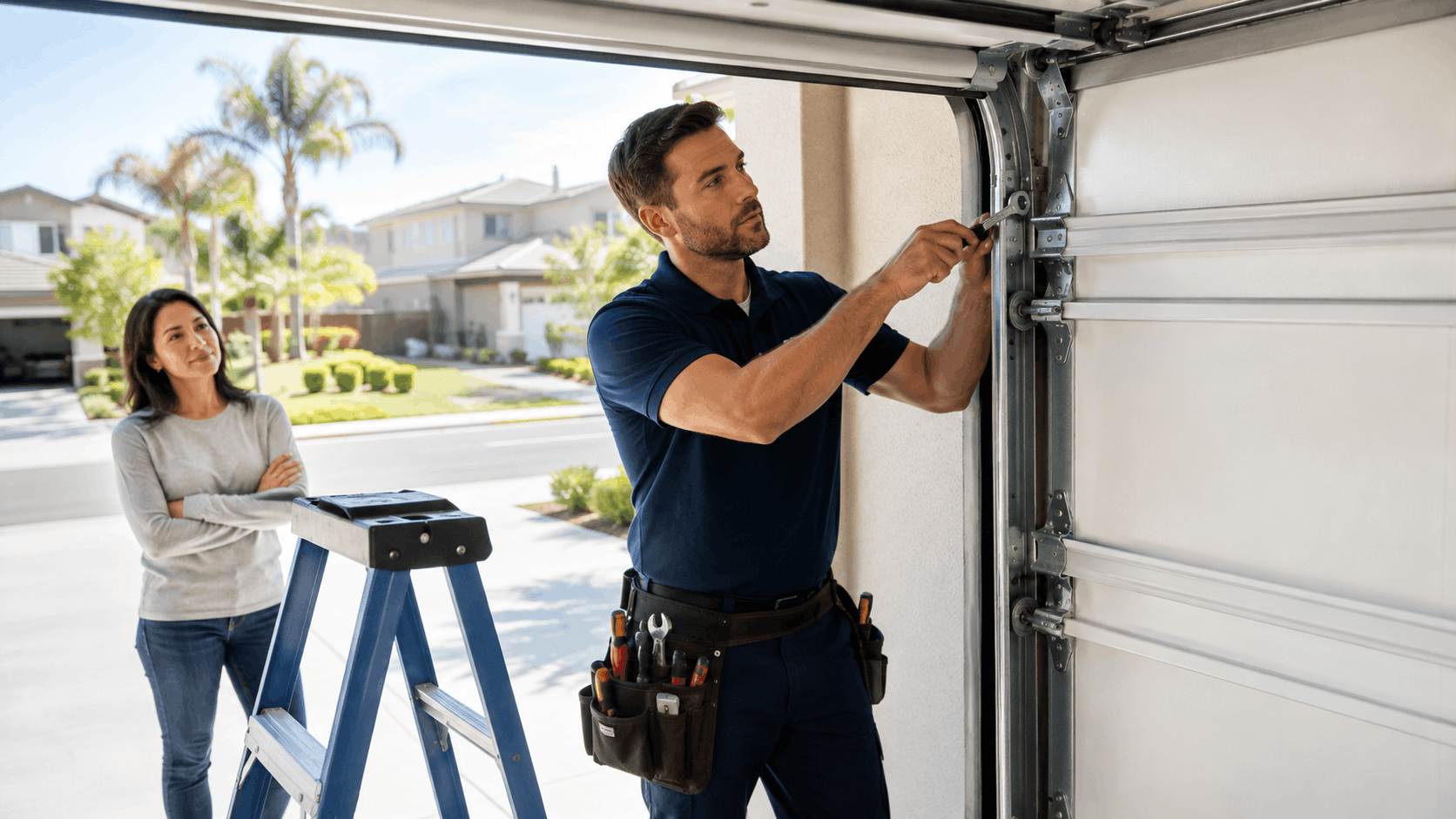 Garage door technician inspecting track and hardware while homeowner watches nearby
