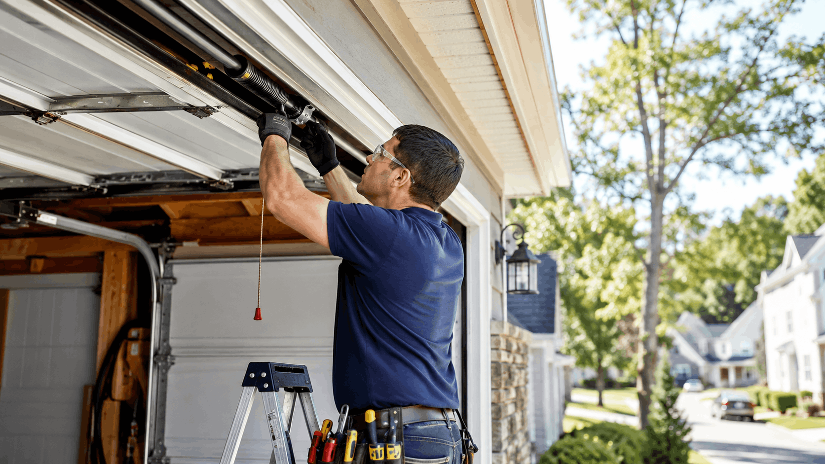 Garage door technician repairing noisy door rollers and tracks on residential home