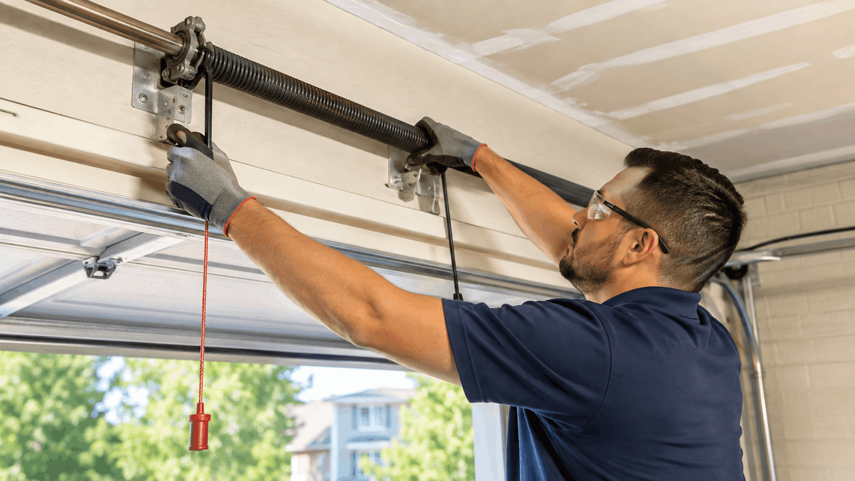 Technician repairing garage door cable and torsion spring system in Irvine home