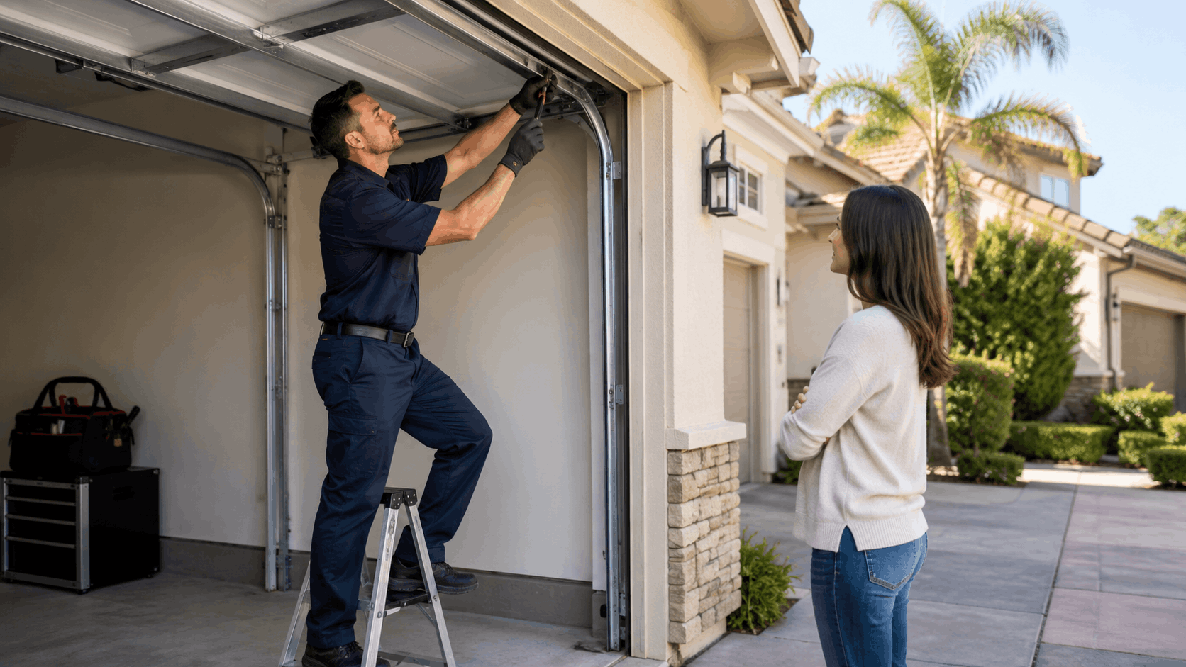 Garage door technician on ladder performing preventive maintenance while homeowner watches in Irvine