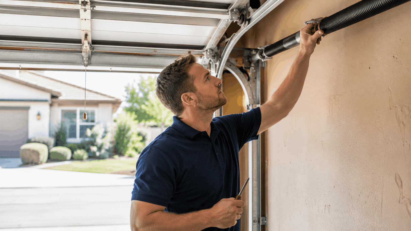Garage door technician inspecting torsion spring system during urgent repair service in Irvine