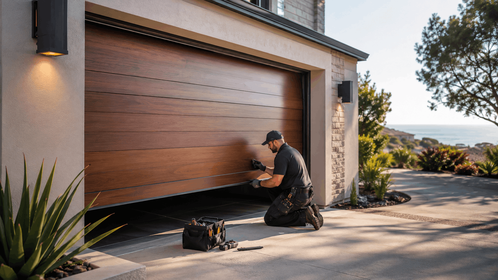 Garage door technician repairing wood panel garage door at luxury Irvine home