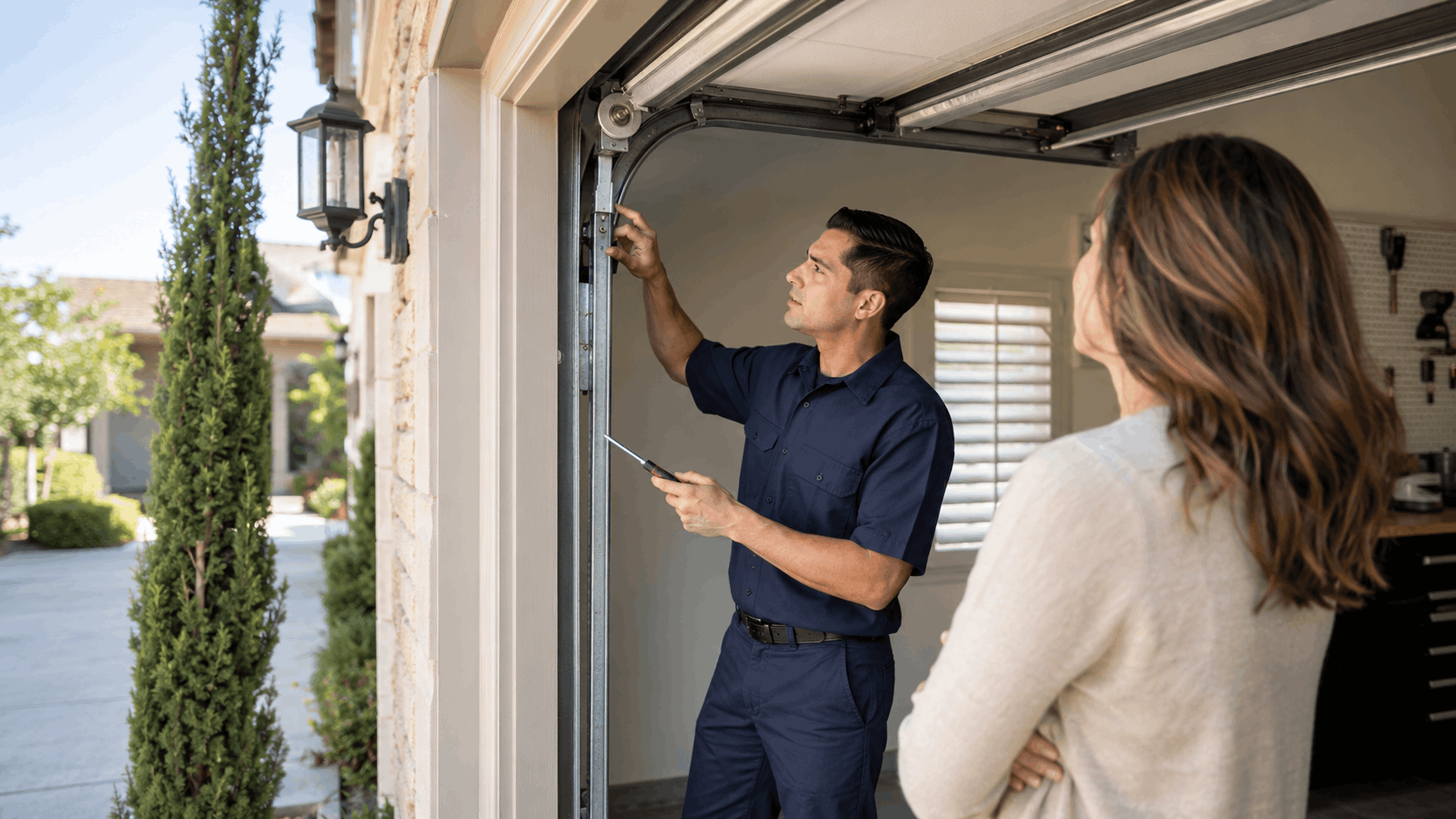 Garage door technician repairing estate home door track while homeowner watches in Irvine