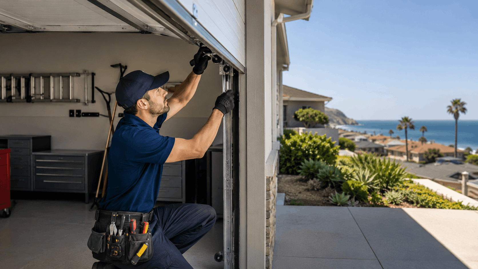 Technician repairing garage door track mechanism at Newport Beach coastal home