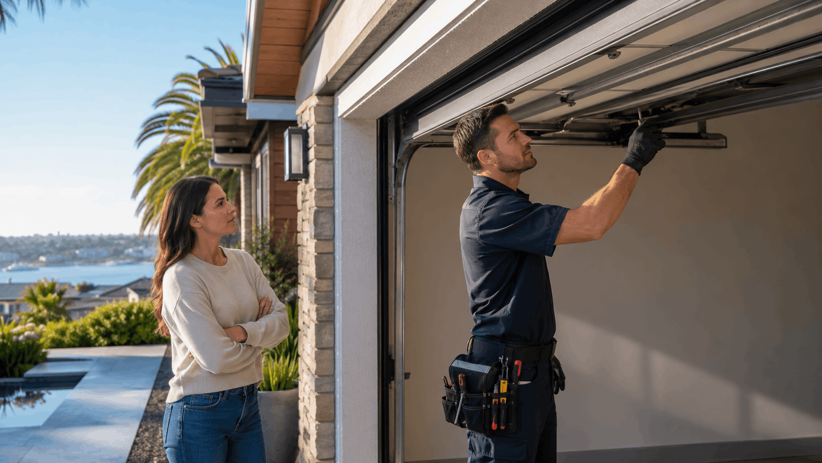 Garage door technician repairing overhead door mechanism while Irvine homeowner watches nearby