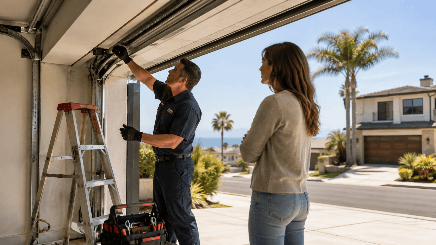 Garage door technician repairing overhead door mechanism while Irvine homeowner watches nearby