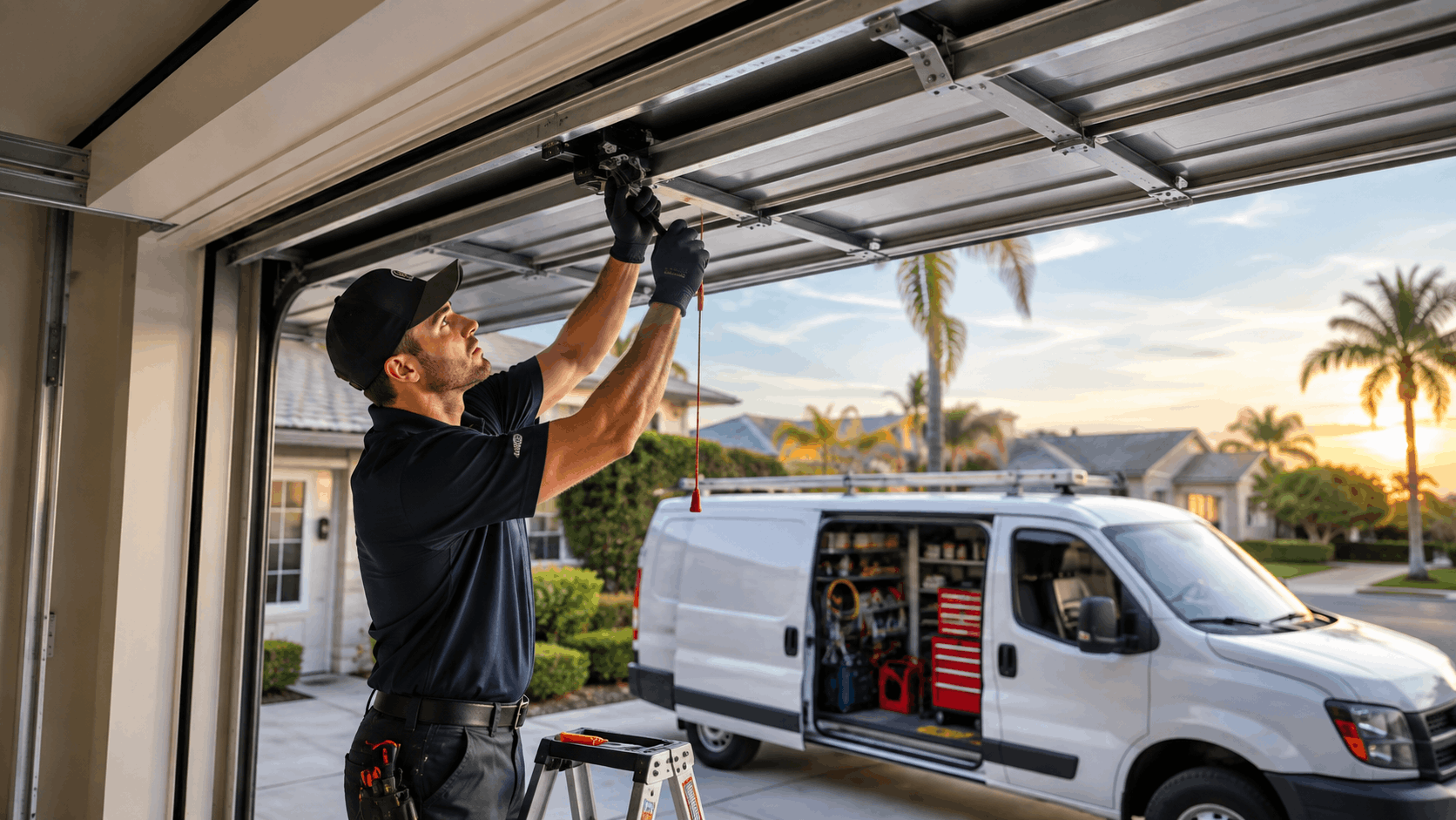 Garage door technician repairing overhead door mechanism on stepladder in Newport Beach driveway