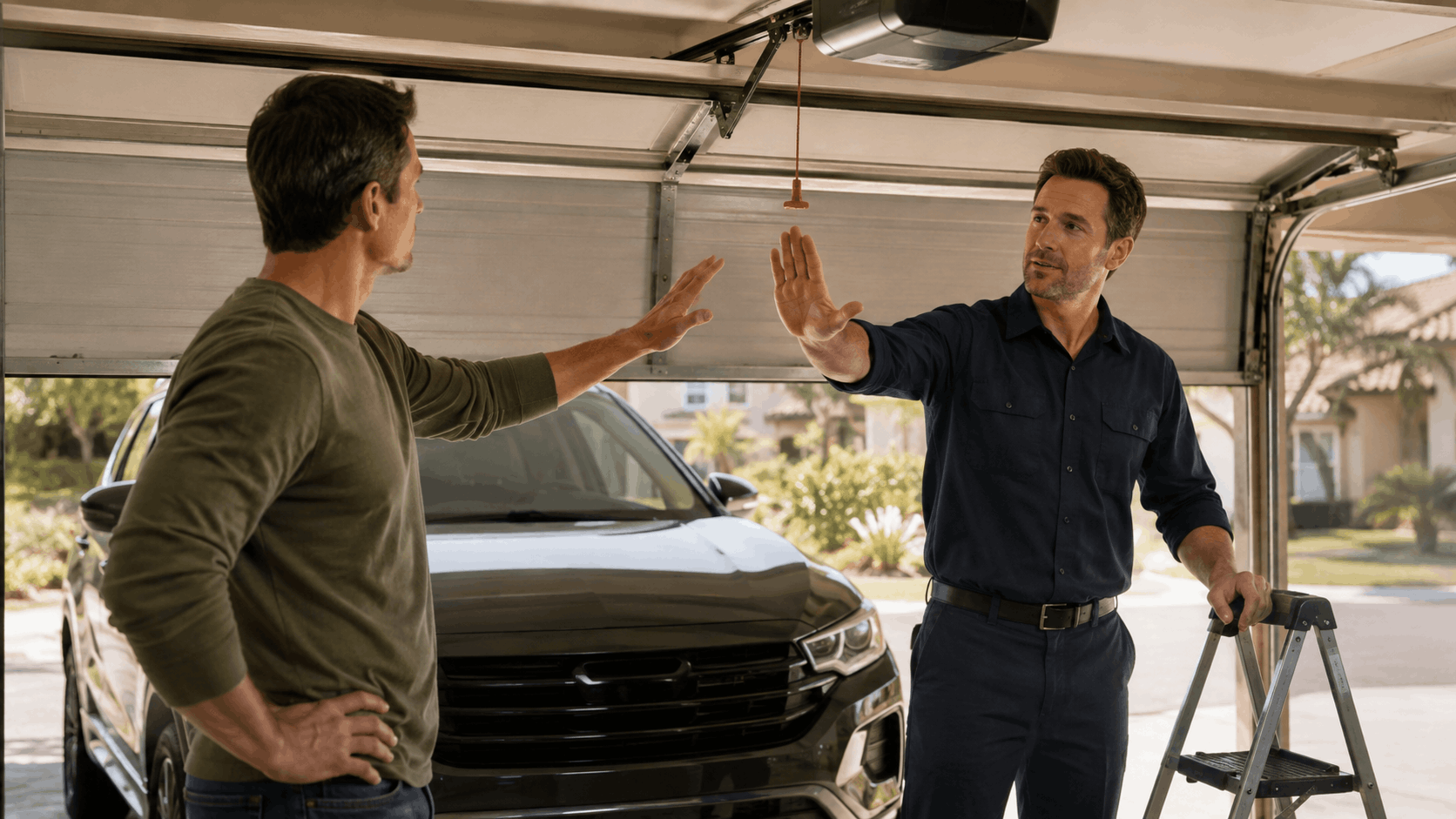 Garage door technician explaining repair issue to homeowner in Irvine Orange County garage