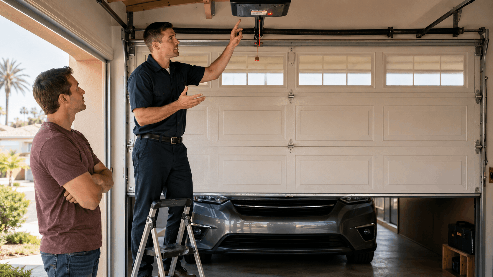 Garage door technician on ladder explaining manual release cord to homeowner in Irvine
