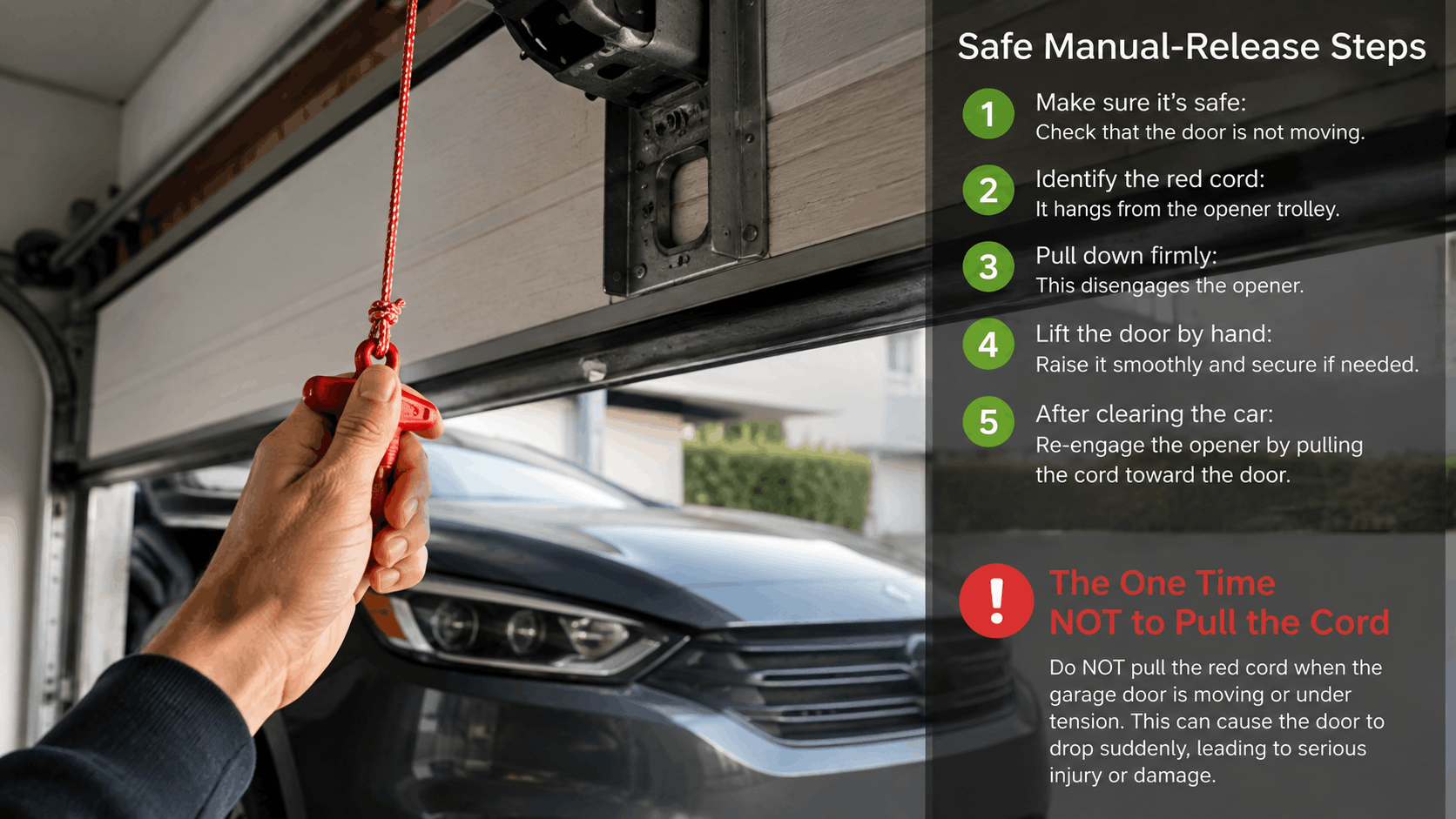 Hand pulling red garage door manual release cord with safety steps guide overlay