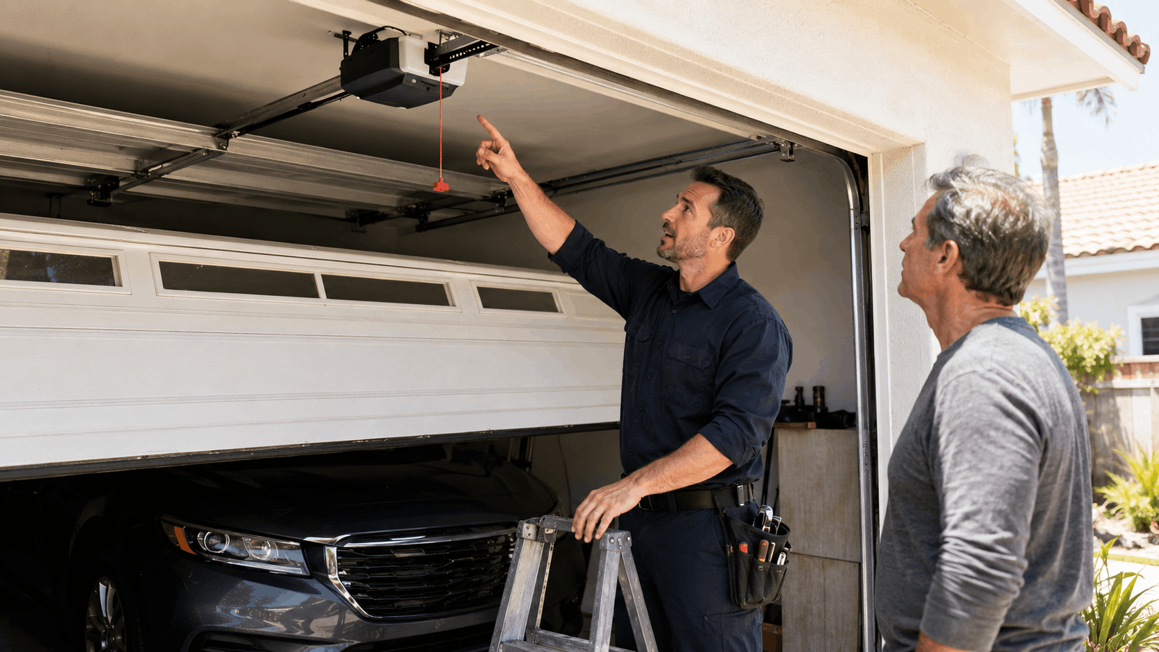 Garage door technician explaining opener mechanism to Irvine homeowner during urgent repair visit