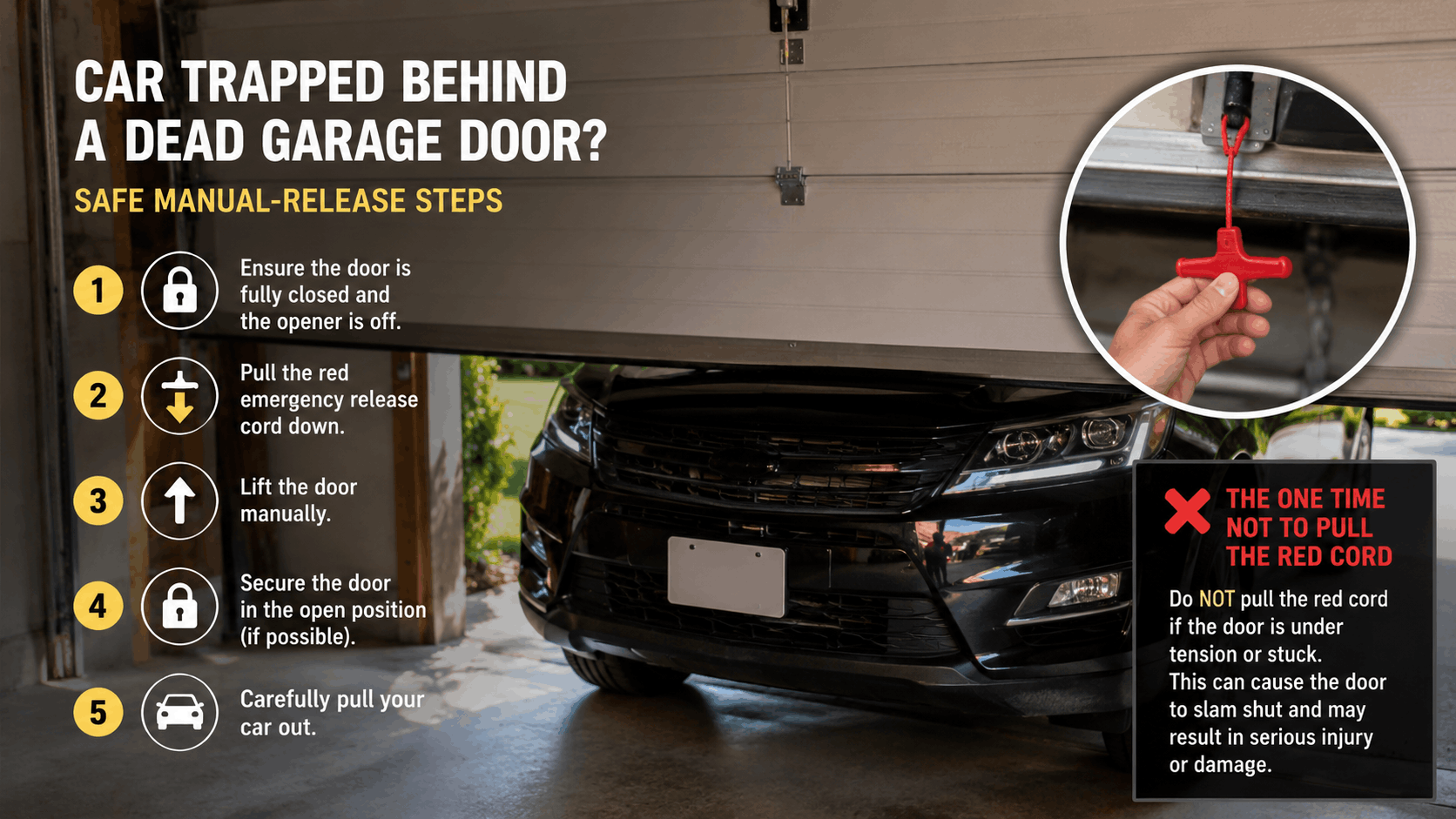 Infographic showing 5 manual release steps for a dead garage door in Irvine