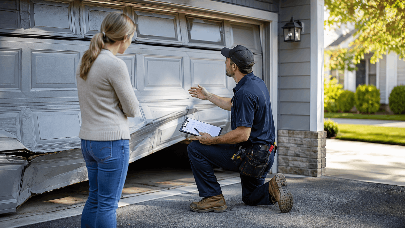 Garage door technician inspecting damaged broken garage door panel with homeowner in Irvine