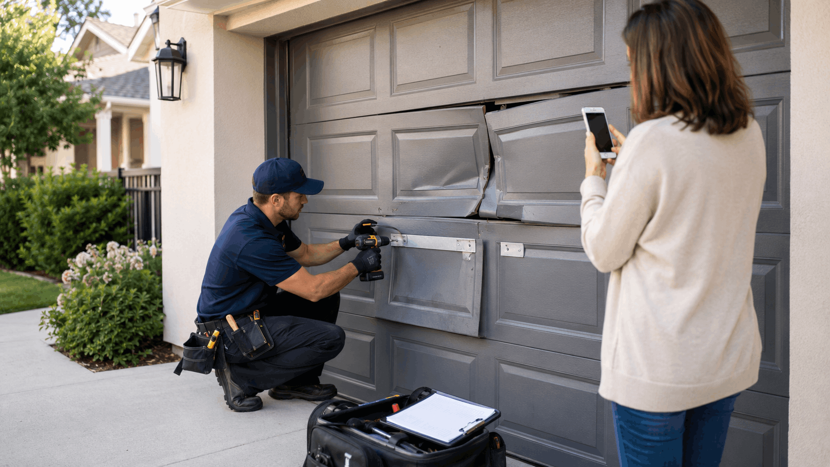 Irvine garage door technician using power drill to repair damaged dented garage door panels