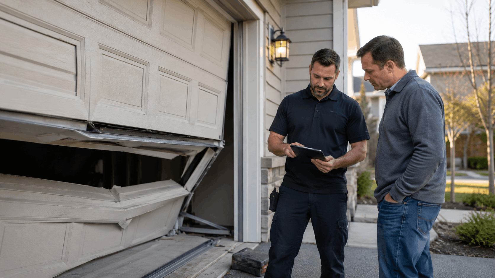 Technician and homeowner reviewing tablet beside severely damaged broken garage door