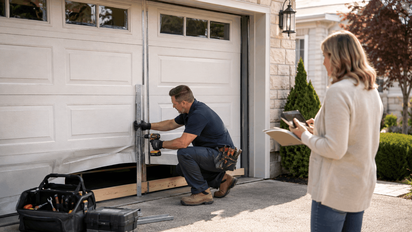 Garage door technician repairing damaged door panel while homeowner reviews security checklist