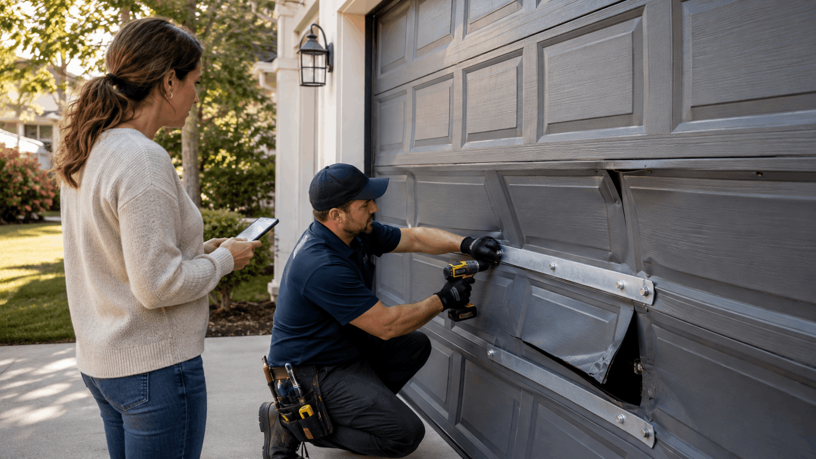 Garage door technician repairing damaged panel while Irvine homeowner watches with tablet