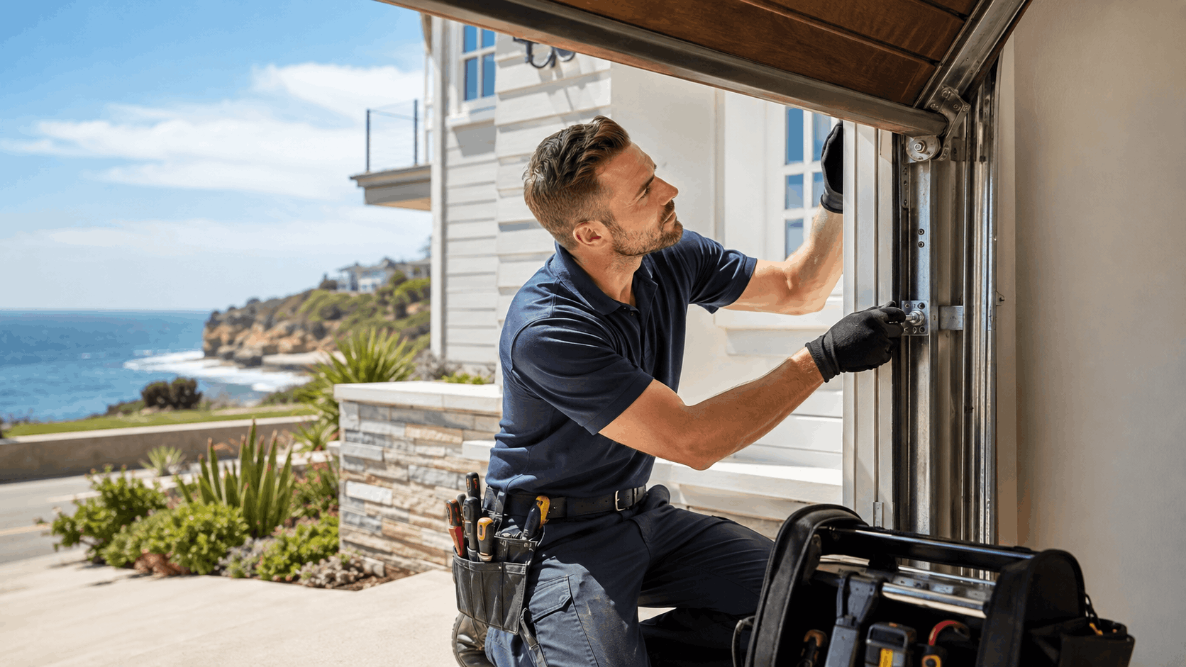 Garage door technician inspecting metal track hardware at coastal Crystal Cove home