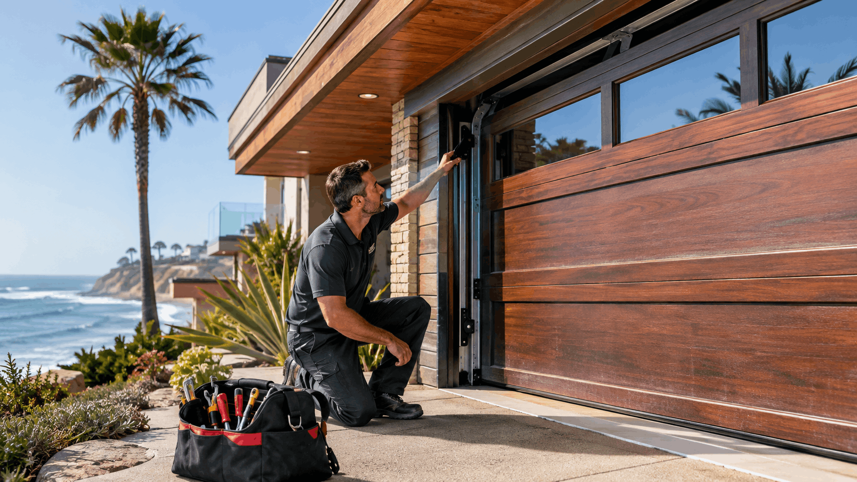 Garage door technician inspecting rust-resistant wooden garage door at oceanfront Irvine home