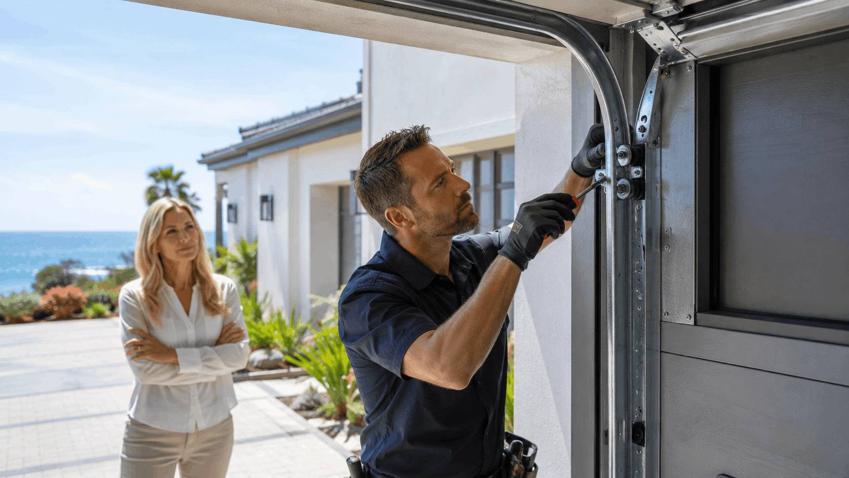 Garage door technician inspecting salt-air resistant hardware while homeowner watches near coastal home