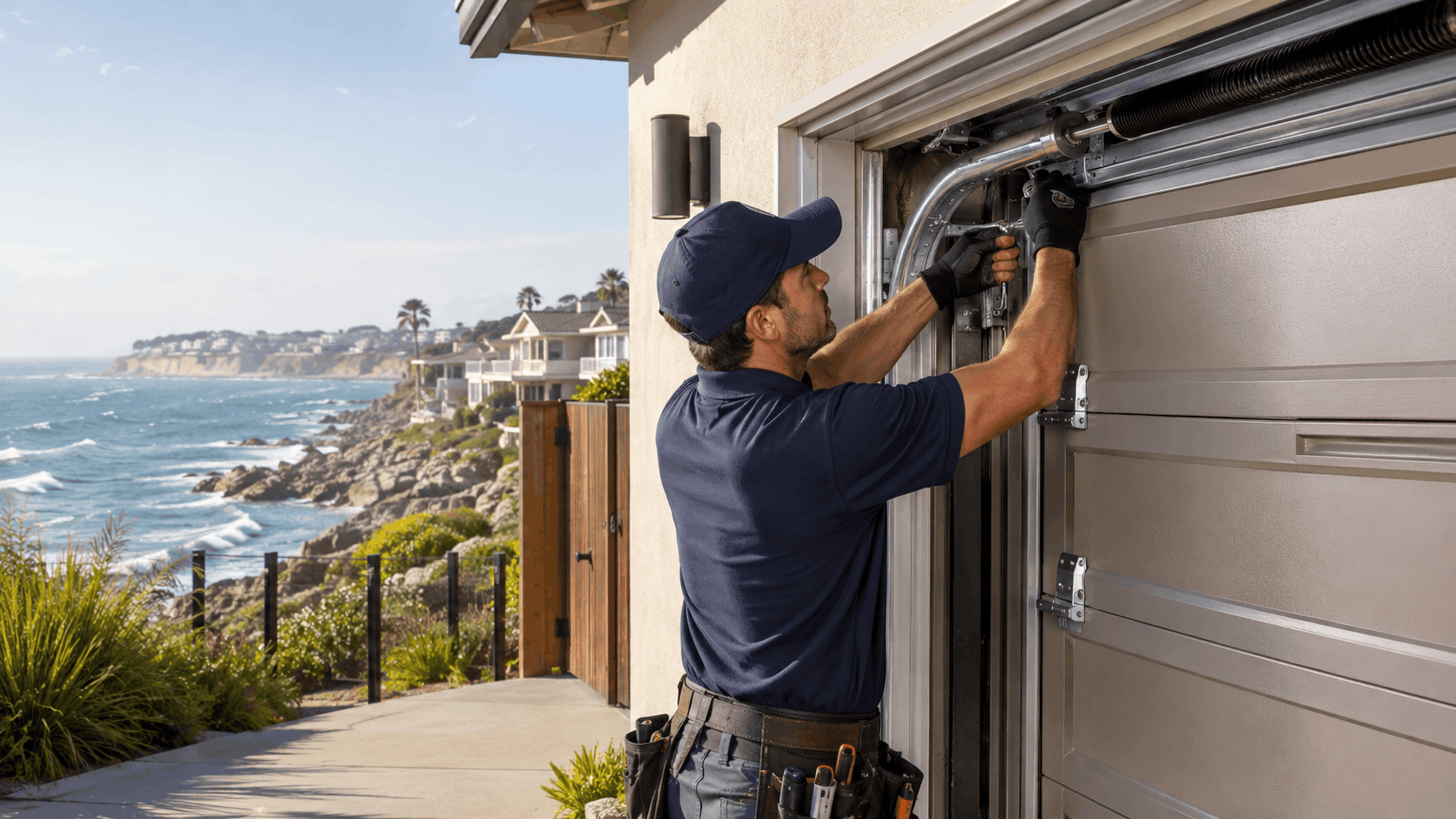 Garage door technician repairing spring mechanism at Crystal Cove coastal home in Irvine