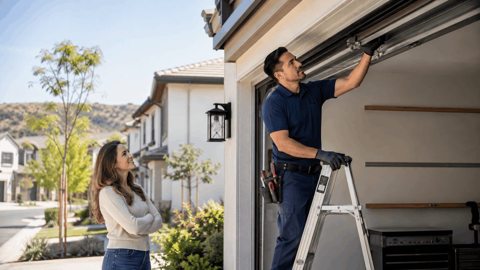 Garage door repair technician on ladder fixing track while homeowner watches in Irvine neighborhood