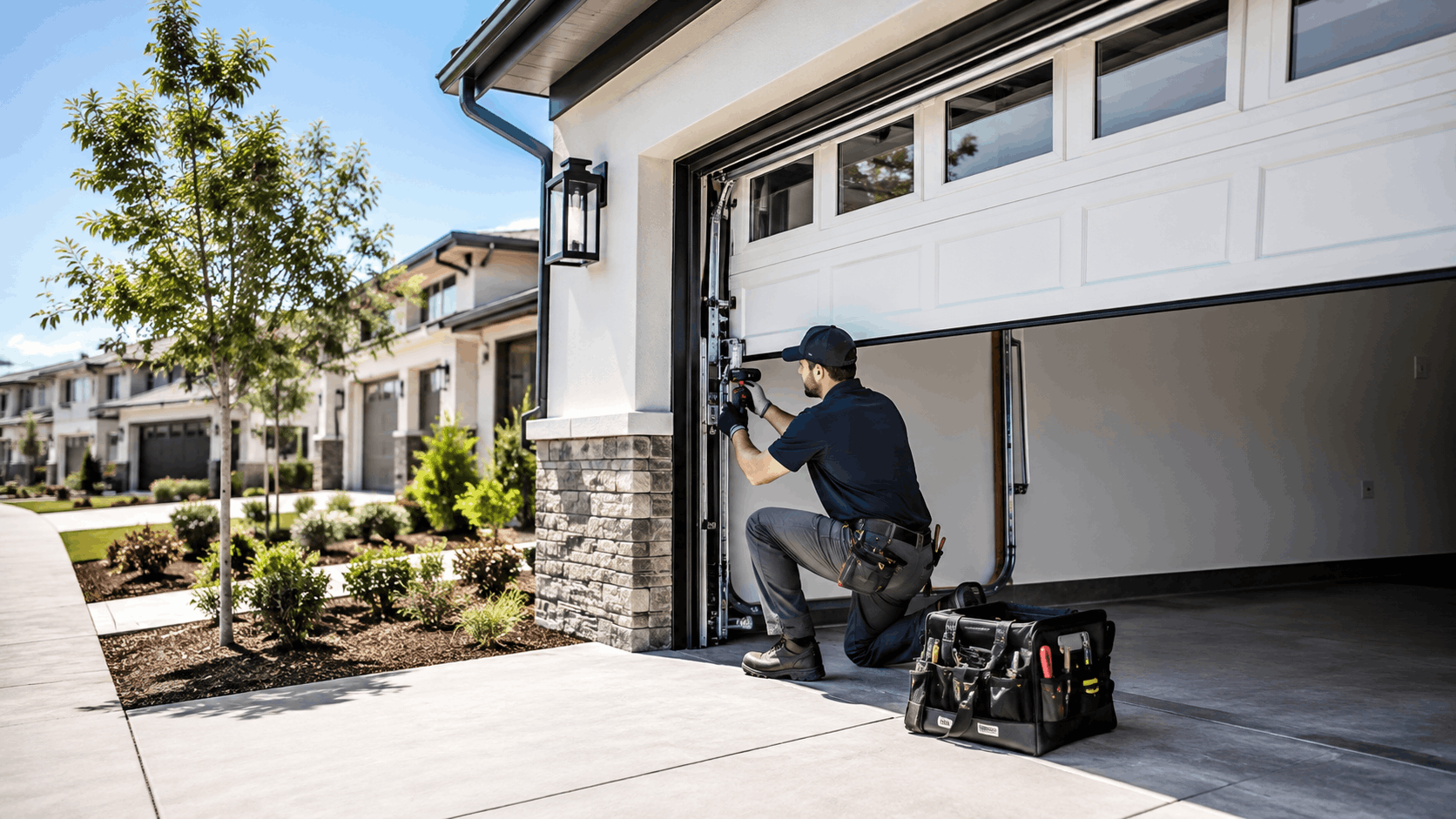 Garage door repair technician fixing track mechanism on modern white residential home