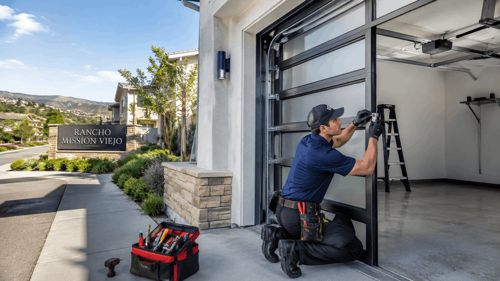 Garage door technician performing preventive maintenance on modern glass panel door in Rancho Mission Viejo