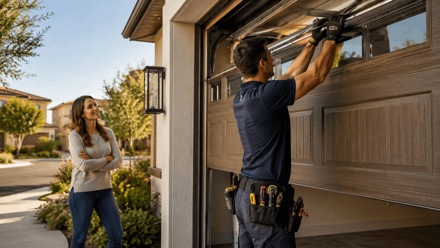 Garage door repair technician fixing residential door while homeowner watches in Rancho Mission Viejo