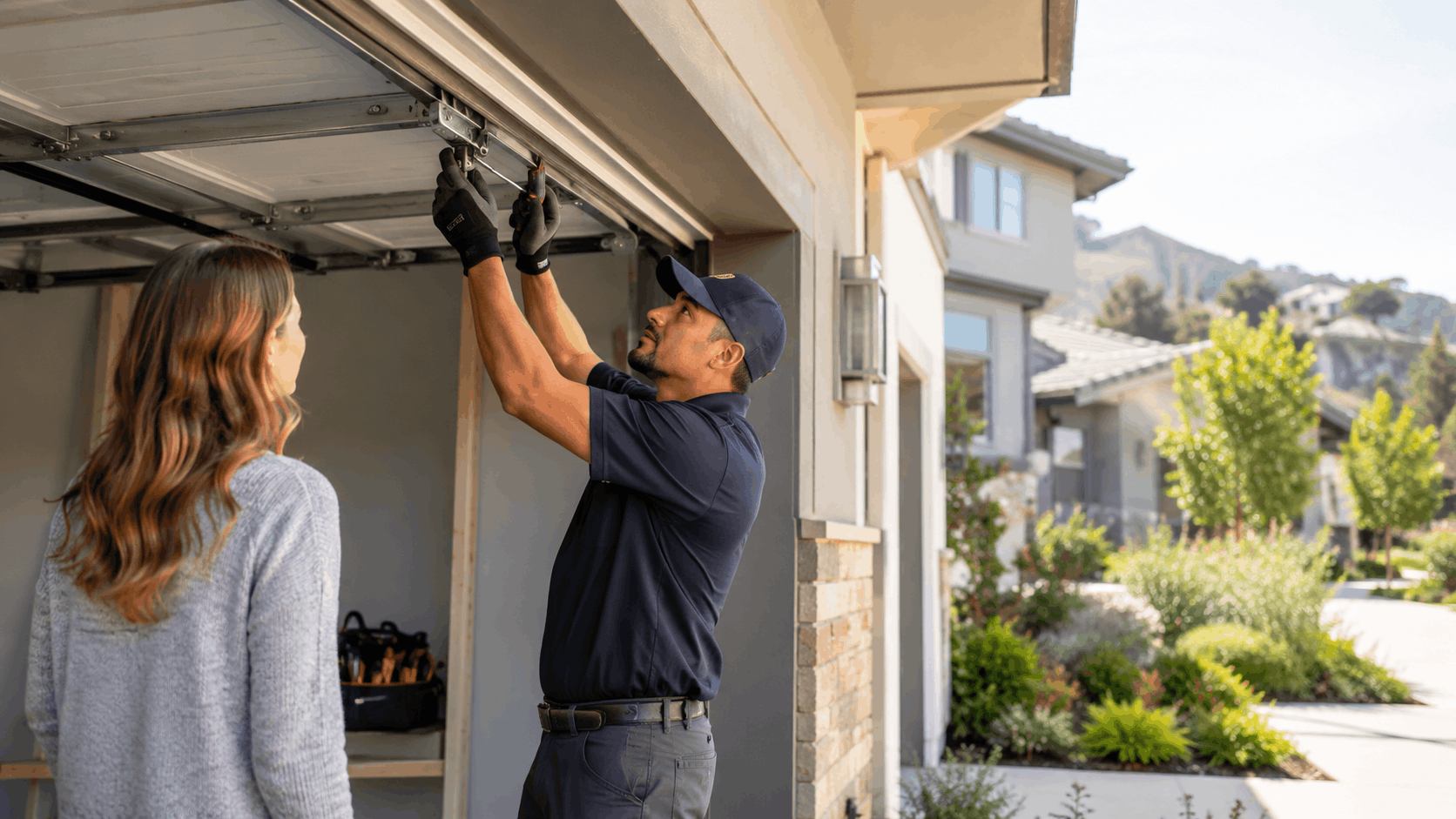 Garage door technician repairing track mechanism while Irvine homeowner observes nearby