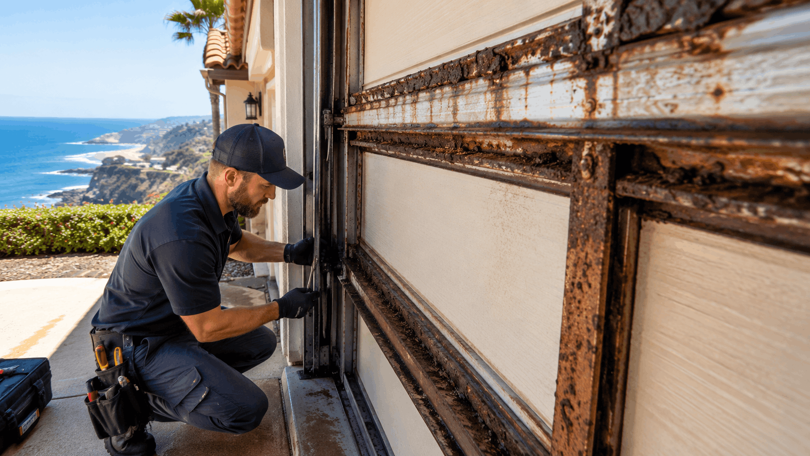 Technician inspecting heavily rusted garage door tracks at coastal Irvine hillside home
