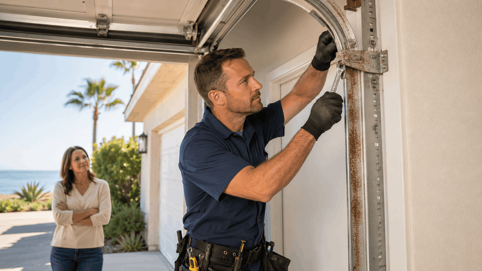 Technician repairing corroded garage door track while homeowner watches in Irvine