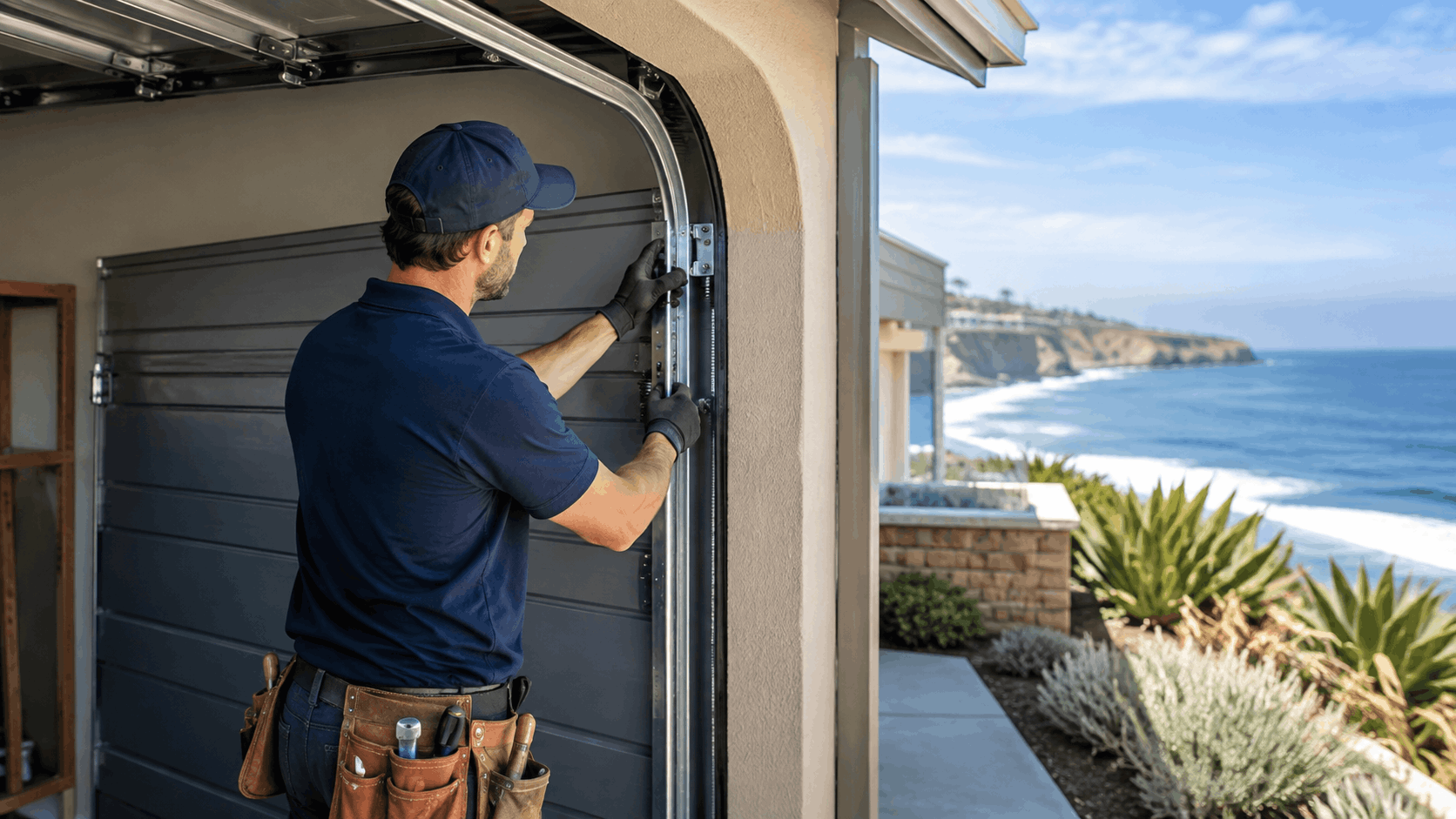 Garage door technician repairing track and springs at Dana Point oceanfront home