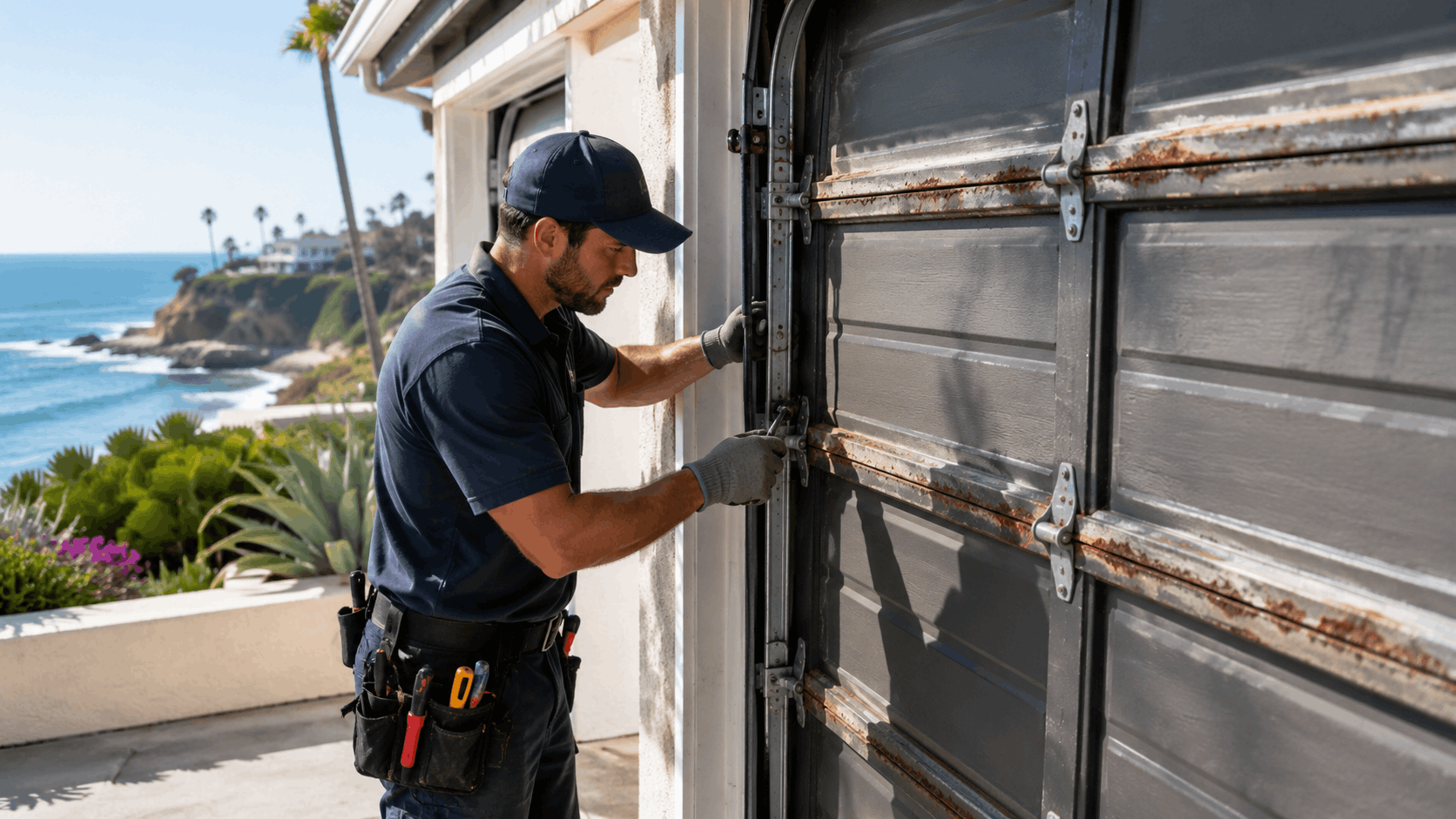 Garage door technician repairing rusty panels at coastal Irvine home with ocean view